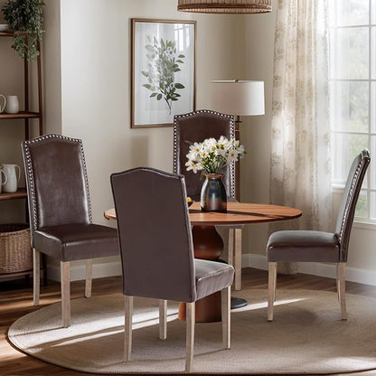 Upholstered Dining Chair Modern Stylish Parsons Kitchen Diner High Back with Silver Nailhead Trim & Wood Legs, Set of 6, PU Leather Dark Brown