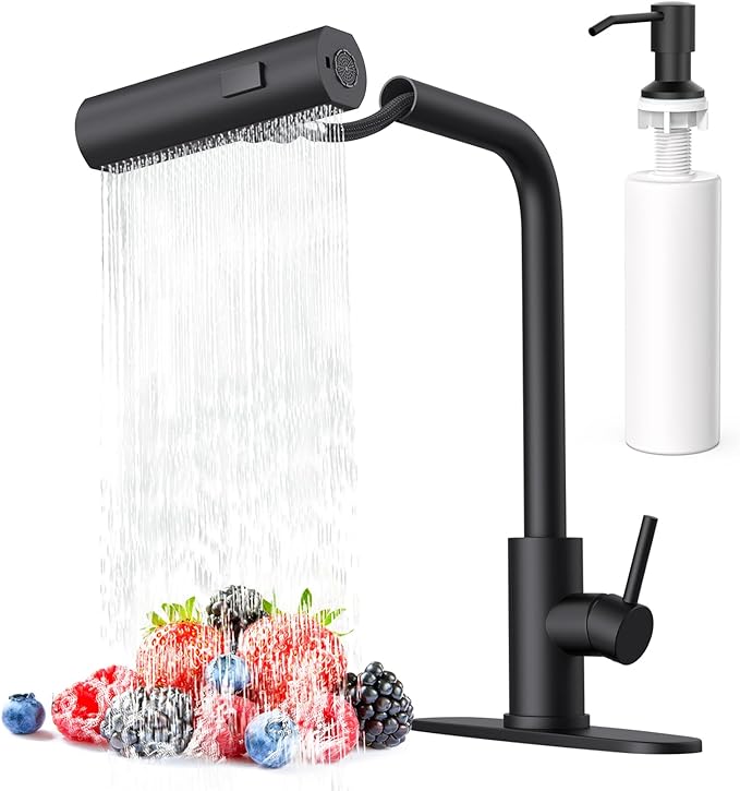 AVSIILE Matte Black Waterfall Kitchen Faucets with Pull Down Sprayer & Soap Dispenser, Single Hole & Handle, Pull Out Tap, Stainless Steel Sink Faucet, Suitable for Farmhouse Camper Laundry Rv Bar