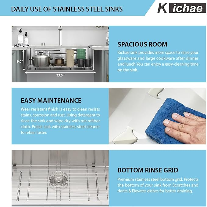 Kichae 33 Undermount Waterfall Kitchen Sink - Undermount Sink 33"x17" Ledge Workstation 16 Gauge Stainless Steel Deep Single Bowl Under Counter Handmade Basin with Faucet Combo & Wash Basin