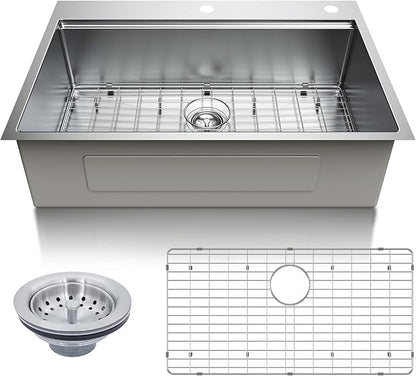 Undermount Kitchen Sink Workstation - 33x22 Inch Drop In Sink Workstation T304 18 Gauge Stainless Steel Single Bowl Kitchen Sinks with Accessories, Handmade Basin, 9 Inch Deep