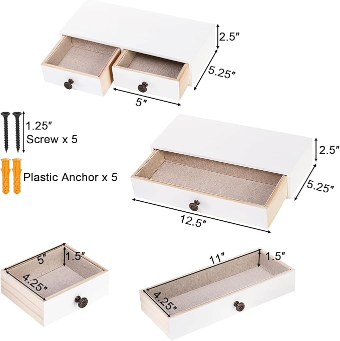 Yesland 2 Packs Space-Saving Floating Nightstand with Drawer - Perfect for Small Spaces - Supports 11 lbs - Compact Wall Mount Rustic Wood Floating Drawers - White