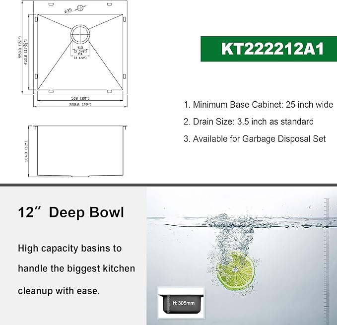 Kichae Drop In Laundry Sink - 22x22x12 Drop In 12 Inch Deep Utility Sink T304 Stainless Steel Topmount Handmade Single Bowl with Accessories
