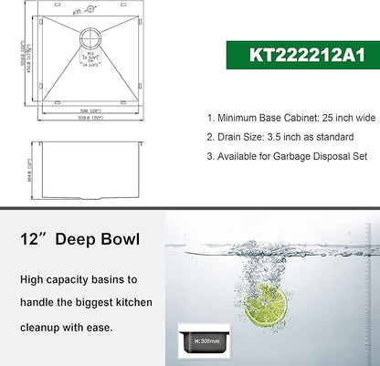 Kichae Drop In Laundry Sink - 22x22x12 Drop In 12 Inch Deep Utility Sink T304 Stainless Steel Topmount Handmade Single Bowl with Accessories
