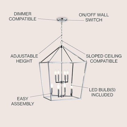 JONATHAN Y 20" Chrome Lantern Pendant Light, 1-Light Pagoda Style Metal Cage Farmhouse Hanging Ceiling Fixture for Kitchen Island, LED Bulb Included (JYL7438C)