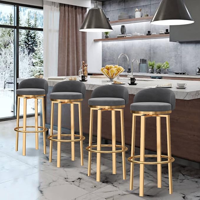 Swivel Stools Gold Metal Leg Height stools with Back High Dining Chairs for Home Kitchen Island-Grey 2 Pcs-25.6in Sitting (Grey 1 Pcs)