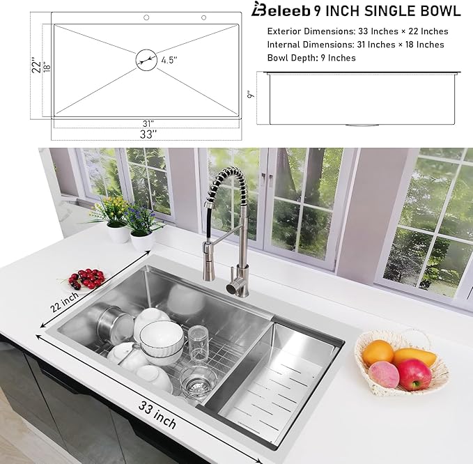 33x22" Drop-in Kitchen Sink Workstation 3D Embossed Surface- 18-Gauge 9" Depth Stainless Steel Single Bowl Top Mount with Accessories