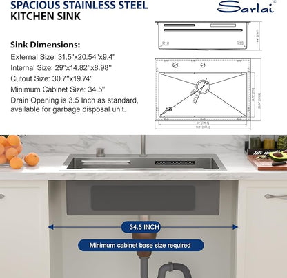 Sarlai 31 Inch Waterfall Kitchen Sink Drop In - 31x20 Waterfall Sink Ledge Workstation Stainless Steel 16 Gauge Multifunction Single Bowl Top Mount Kitchen Basin with Faucet Combo