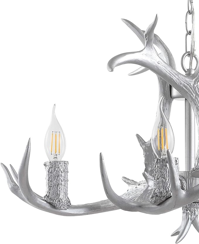 JONATHAN Y 26" Silver Rustic Resin Antler 4-Light LED Chandelier, Farmhouse Faux Deer Horn Hanging Ceiling Light for Dining Room, Kitchen Island, Adjustable Light Fixture (JYL6301C)
