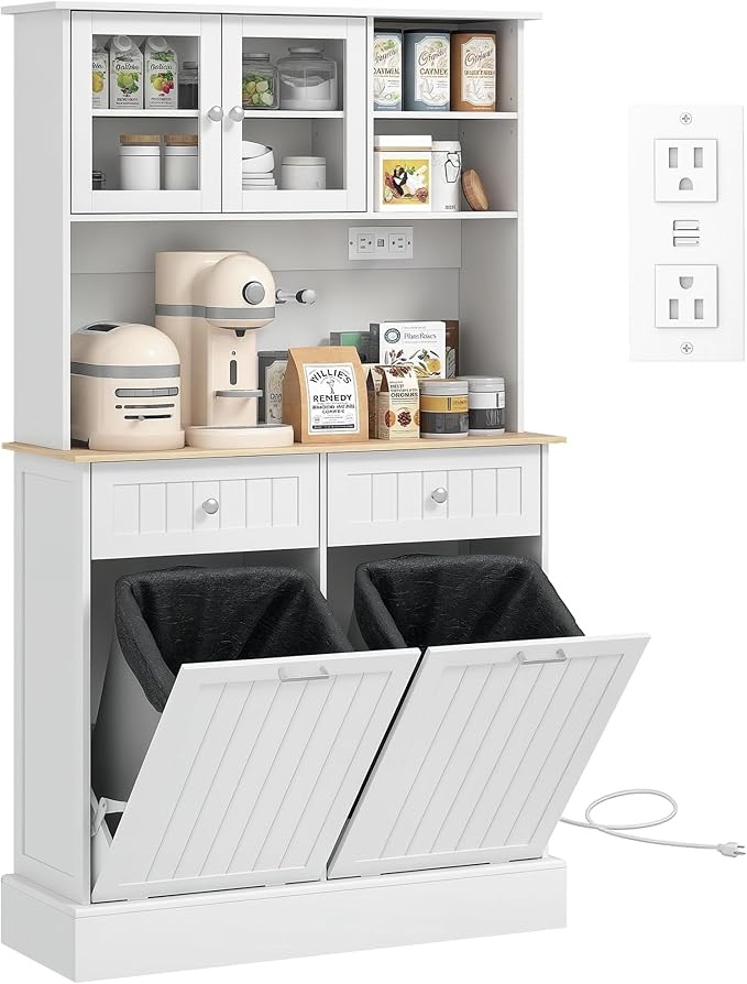 HOMCOM 68" Kitchen Pantry Storage Cabinet with Charging Station, 2 Tilt Out 10 Gallon Trash Can Cabinets and Drawers, Freestanding Kitchen Hutch with Glass Doors and Adjustable Shelf, White