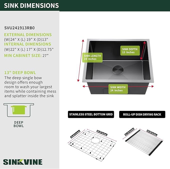 24-inch Undermount Laundry Utility Sink - 24x19x13 Extra Deep Black Stainless Steel Single Bowl Basin with Drain Strainer, Bottom Grid & Drying Unit for Laundry Room, Outdoor, Kitchen Use