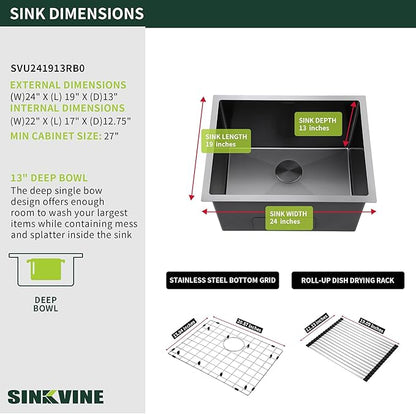 24-inch Undermount Laundry Utility Sink - 24x19x13 Extra Deep Black Stainless Steel Single Bowl Basin with Drain Strainer, Bottom Grid & Drying Unit for Laundry Room, Outdoor, Kitchen Use