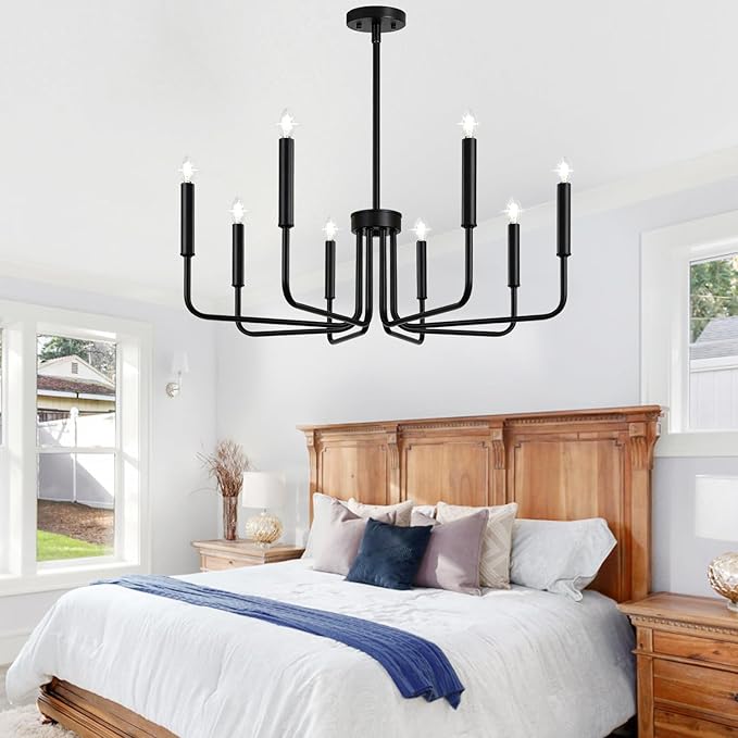 Lynnoland Black 8-Light Chandelier, Farmhouse Chandelier for Dining Room Lighting Fixtures Hanging, Vintage Candle Pendant Light Fixtures Chandelier for Bedroom, Foyer and Living Room