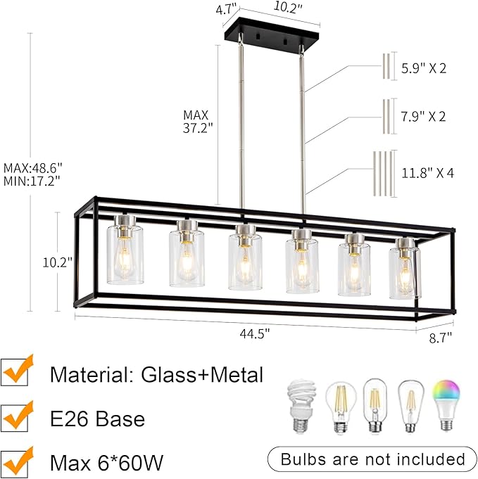 6 Lights Modern Dining Room Light Fixtures Over Table Black & Brushed Nickel Farmhouse Chandeliers Rectangular Pendent Lighting for Kitchen with Glass Shade Linear Hanging Industry Ceiling Light