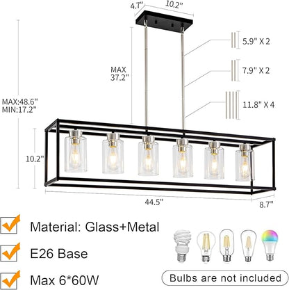 6 Lights Modern Dining Room Light Fixtures Over Table Black & Brushed Nickel Farmhouse Chandeliers Rectangular Pendent Lighting for Kitchen with Glass Shade Linear Hanging Industry Ceiling Light