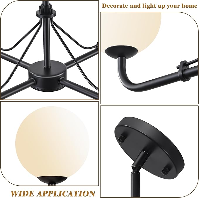 Klgxnrd 4 Lights Black Chandelier, Mid Century Modern Chandeliers for Dining Room, Hanging Sputnik Light Fixture for Living Room Kitchen Island Foyer Bedroom, Milk White Globe Glass Shade