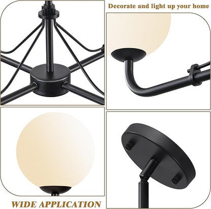 Klgxnrd 4 Lights Black Chandelier, Mid Century Modern Chandeliers for Dining Room, Hanging Sputnik Light Fixture for Living Room Kitchen Island Foyer Bedroom, Milk White Globe Glass Shade