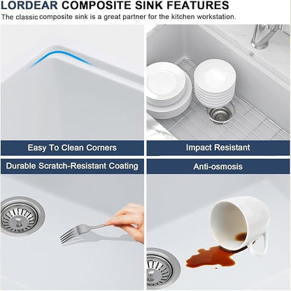 Lordear 33 Inch White Kitchen Sink Undermount Composite Granite Quartz Single Bowl Workstation 33x19x10 Inch Under Counter Kitchen Sinks