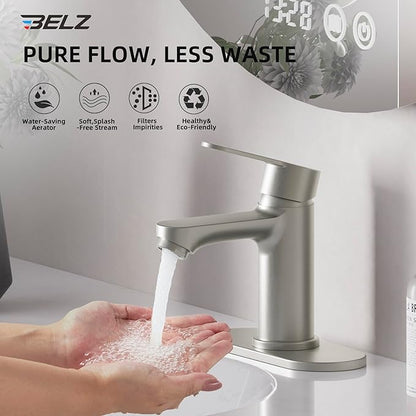 BELZ Bathroom Faucet, Single Handle Matte Black Sink Faucet for 1 or 3 Hole Installation, Modern Lead-Free Metal Vanity Faucet with Pop-Up Drain & Supply Hoses (Brushed Nickel)