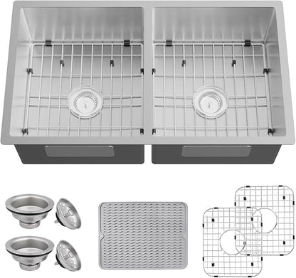 Kitchen Sink, 50/50 Double Bowl 33x19x8 Inch Undermount Stainless Steel Drop In Large Kitchen Sink Combo-Stainless Grid, Silicon Mat, Installation Clips For Modern SS Stylish Kitchen&Bar
