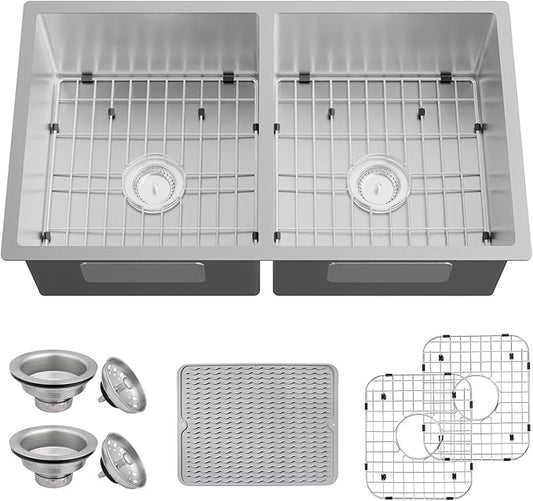 Kitchen Sink, 50/50 Double Bowl 33x19x8 Inch Undermount Stainless Steel Drop In Large Kitchen Sink Combo-Stainless Grid, Silicon Mat, Installation Clips For Modern SS Stylish Kitchen&Bar