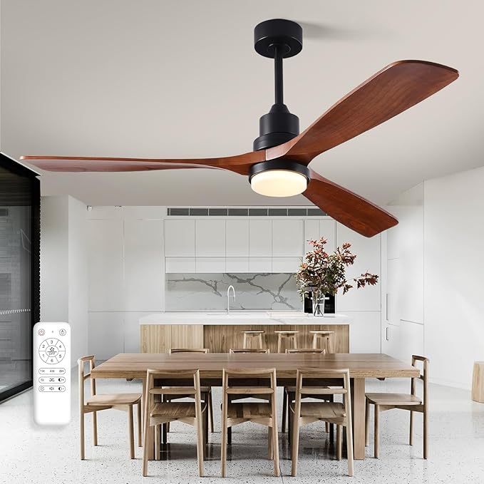 60 Inch Ceiling Fans with Lights and Remote, Quiet Reversible DC Motor and 3 Color Dimmable Light, 3 Blades 6 Speed Wood Ceiling Fan for Farmhouse Living Room Bedroom Dining Room Workroom Study