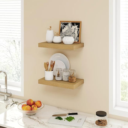 Acovy 16 Inch Floating Shelves, 9.3" Deep Floating Shelf Wall Mounted, 16" Wall Shelves, Rustic Deep Bookshelf, Large Display Shelves & Storage Shelves for Bedroom, Living Room, Oak, Set of 2