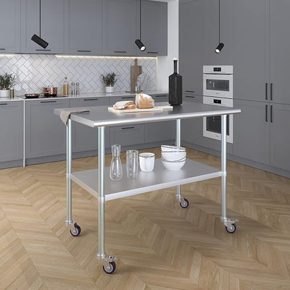 Stainless Steel Work Table with Wheels | NSF Kitchen Island Food Prep | Laundry Garage Utility Bench (Table + Wheels, 48" Long x 30" Deep)