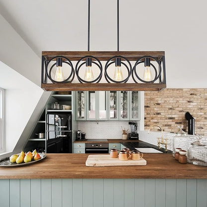 XINGQI Black Kitchen Island Light Fixtures, Farmhouse Dining Room Chandelier Rectangular Linear Chandeliers Pendant Ceiling Light Fixture for Bar Office Coffee Shop 4-Light Wood Grain