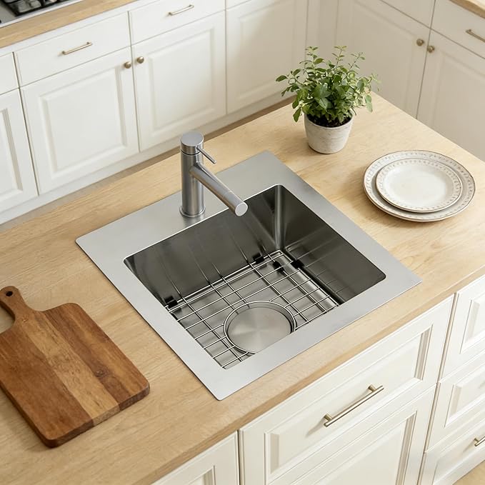MILOSEN 17 x 19 inch Drop in Bar Sink, 304 Stainless Steel Topmount RV Small Kitchen Sink, Deep Outdoor Single Bowl Wet Bar&Prep Sinks with Bottom Grid and Strainer, Brushed Nickel