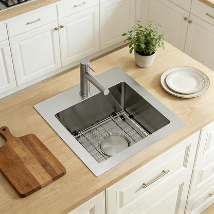 MILOSEN 17 x 19 inch Drop in Bar Sink, 304 Stainless Steel Topmount RV Small Kitchen Sink, Deep Outdoor Single Bowl Wet Bar&Prep Sinks with Bottom Grid and Strainer, Brushed Nickel