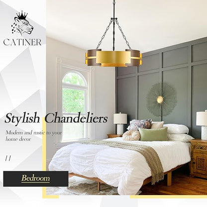 CATINER Modern Industrial Chandelier, Gold Metal 6-Light Drum Hanging Fixture 24" Pendant Lighting for Living Dining Room Foyer Entryway Kitchen, Walnut Grain Finish