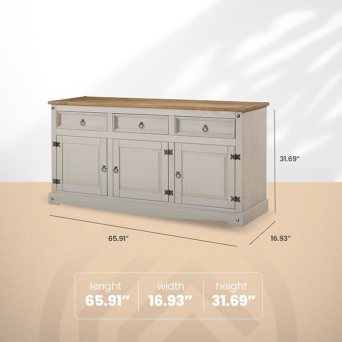 Furniture Dash Solid Wood Sideboard Buffet 65.9" W, 16.9" D, 31.6" H - Wooden Storage Cabinet, Cupboard Console Table, Ideal for Living Room, Kitchen Island, Dining Room