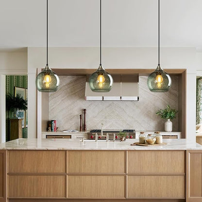 Gray Green Glass Pendant Lights Kitchen Island Lighting Globe Pendant Light Fixtures Modern Pendant Lighting for Kitchen Island Bedroom Living Dining Room Light Fixture(5.9in, 3-Pack)
