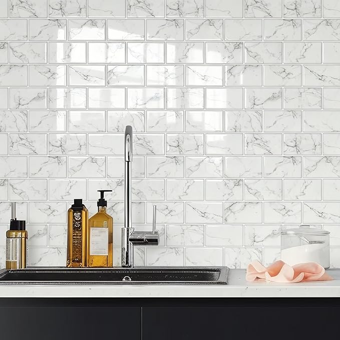 STICKGOO 10-Sheet Subway Tiles Peel and Stick Backsplash, Marble Look Stick on Tiles Kitchen Backsplash (Thicker Design)