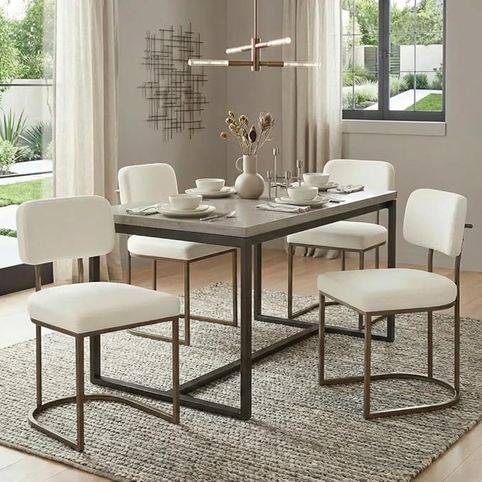 KISLOT Dining Chairs Set of 4, Upholstered Modern Kitchen Chairs with Ergonomic Backrest, Fabric Cushion & Wire Drawing Curve Metal Legs for Living Room, Restaurant, Café, Ivory, 2Boxs