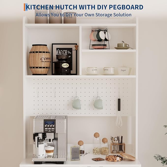 71" Kitchen Pantry Cabinet with Double Glass Doors and Pegboard, Wooden Cabinet with Open Shelves and Countertop,Kitchen Hutch with Storage for Dining Room or Living Room, White