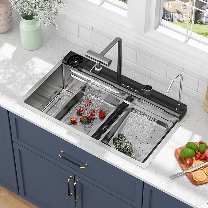 33 Inch Smart Waterfall Kitchen Sink - Beslend 33x19 Stainless Steel Drop In Waterfall Sink Topmount Workstation 16 Gauge Modern Sinks Single Bowl with Faucet, Cup Washer and Digital Display