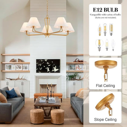 VILUXY Modern Gold Chandelier 5-Light Farmhouse Chandelier with White Fabric Shade 35’’ Large Dining Room Light Fixture Adjustable Pendant Lighting for Kitchen Island Living Room, UL Listed