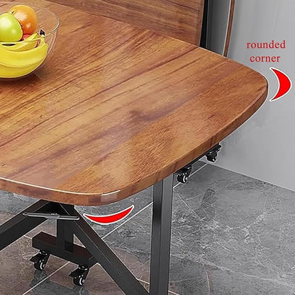Folding Dining Table with Wheels, Solid Wood Folding Table Foldable Kitchen Table Space Saving Collapsible Table Kitchen Island Table