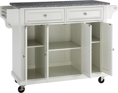 Crosley Furniture Full Size Granite Top Rolling Kitchen Island Storage Cart, Microwave Stand, Spice Rack, White