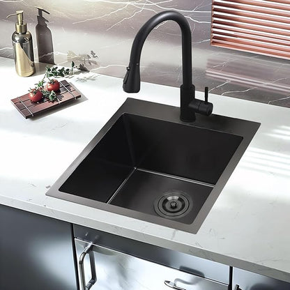 15x17 Inch Black Bar Sink Drop In Kitchen Sink, Topmount Stainless Steel Square Small Sinks, Single Bowl Kitchen Sinks for Laundry Wet Bar Prep RV Office Outdoor Yard with Grid & Drain
