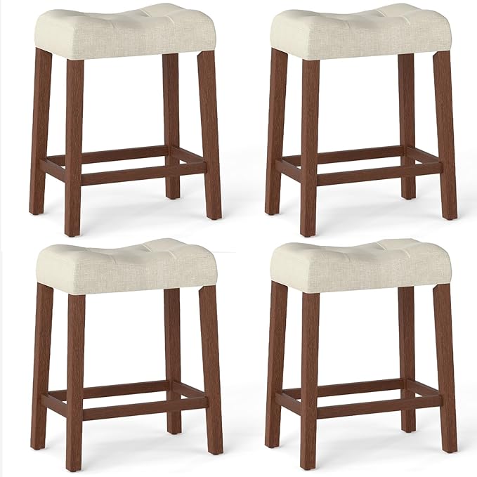 Giantex 24" Bar Stools Set of 4, Upholstered Counter Height Saddle Bar Stools with Footrest and Wood Legs, Farmhouse Button Tufted Backless Barstools for Kitchen Island, Dining Room, Cafe, Beige+Brown