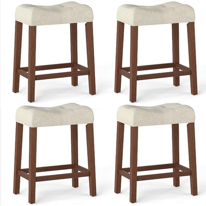 Giantex 24" Bar Stools Set of 4, Upholstered Counter Height Saddle Bar Stools with Footrest and Wood Legs, Farmhouse Button Tufted Backless Barstools for Kitchen Island, Dining Room, Cafe, Beige+Brown
