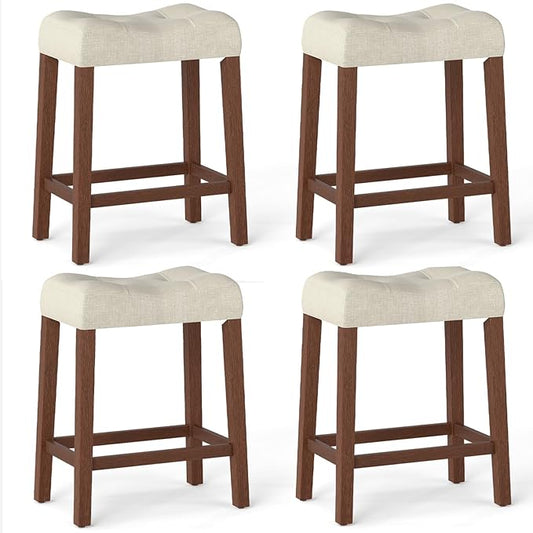 Giantex 24" Bar Stools Set of 4, Upholstered Counter Height Saddle Bar Stools with Footrest and Wood Legs, Farmhouse Button Tufted Backless Barstools for Kitchen Island, Dining Room, Cafe, Beige+Brown