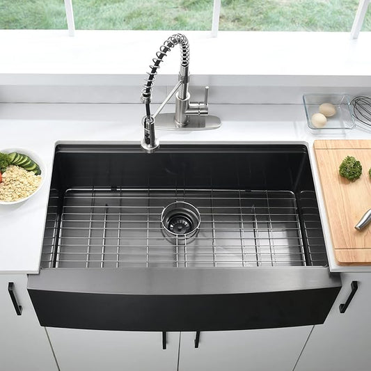 Loftus 33 Inch Matte Black Apron Front Workstation Sink - Stainless Steel 16 Gauge Single Bowl Farm Sink, Gunmetal Black