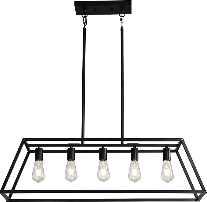Black Kitchen Island Lighting, 5-Light Farmhouse Chandeliers, Modern Industrial Linear Rectangle Pendant Light Fixtures for Dining Room Kitchen Bar Foyer(Metal, E26 Base)