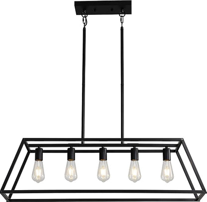 Black Kitchen Island Lighting, 5-Light Farmhouse Chandeliers, Modern Industrial Linear Rectangle Pendant Light Fixtures for Dining Room Kitchen Bar Foyer(Metal, E26 Base)