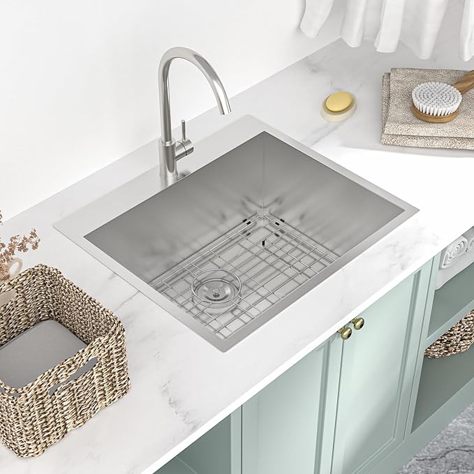 Mocoloo 22 Inch Drop In Laundry Sink - 22 x 22 x 12 Inch Laundry Room Sinks Topmount Kitchen Sinks Stainless Steel Deep Utility Sink 16 Gauge Square Single Bowl Handmade