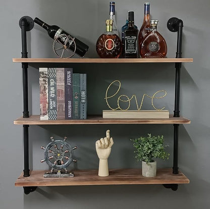 HDDFER Pipe Shelves Industrial Pipe Shelving Shelves Real Wood Industrial Floating Pipe Shelves with Wood Planks 36 inch Wall Shelves Rustic Hanging Bookshelf Farmhouse Kitchen Bar Shelving