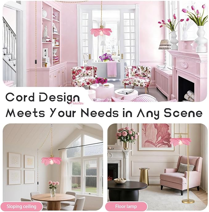 Pink Plug in Glass Pendant Light Mid Century Hanging Lamp Girls Room Plug in Ceiling Hanging Lights with 14.7 ft Long Cord for Living Room Dining Room Bedroom Kitchen Island